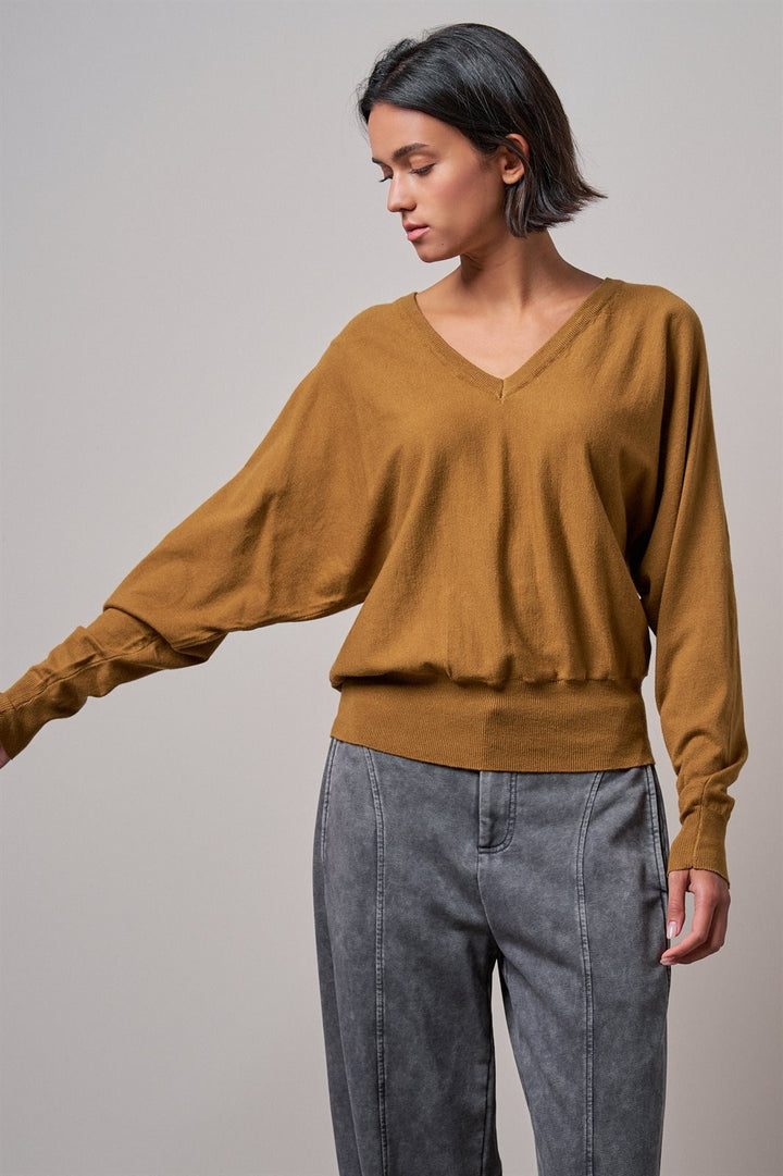 Viscose Blend V-Neck Drop Shoulder Sweater in Caramel - Women's Wholesale Sweaters | Trend Notes