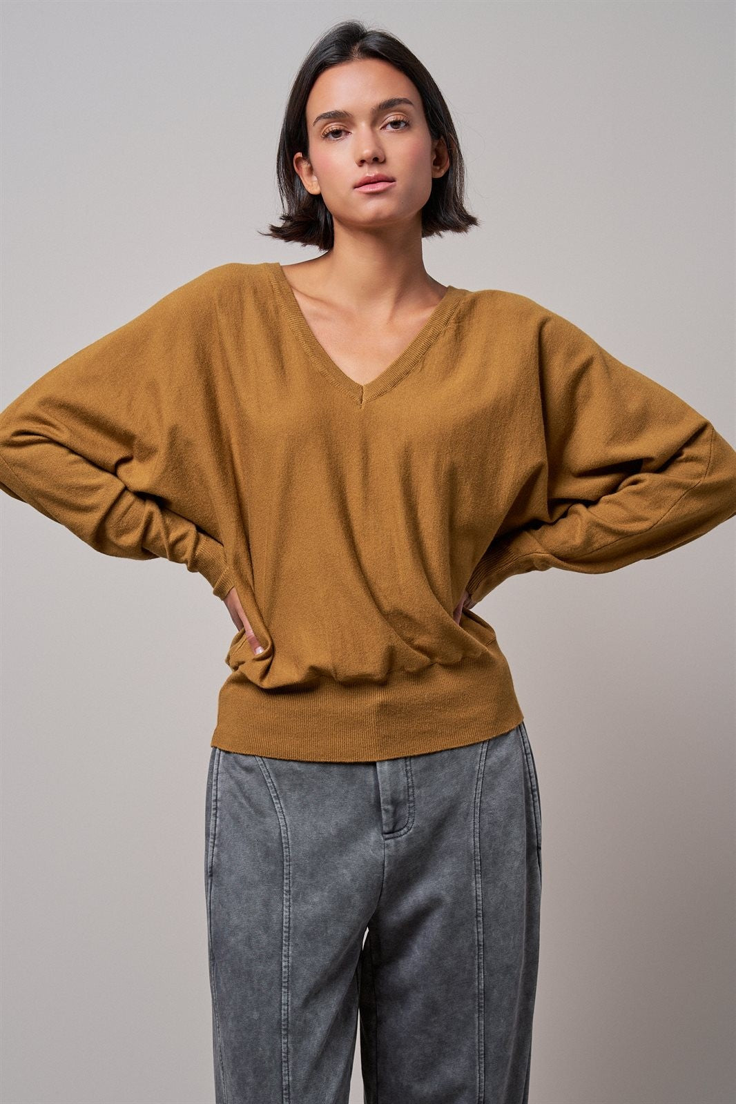 Viscose Blend V-Neck Drop Shoulder Sweater in Caramel - Women's Wholesale Sweaters | Trend Notes