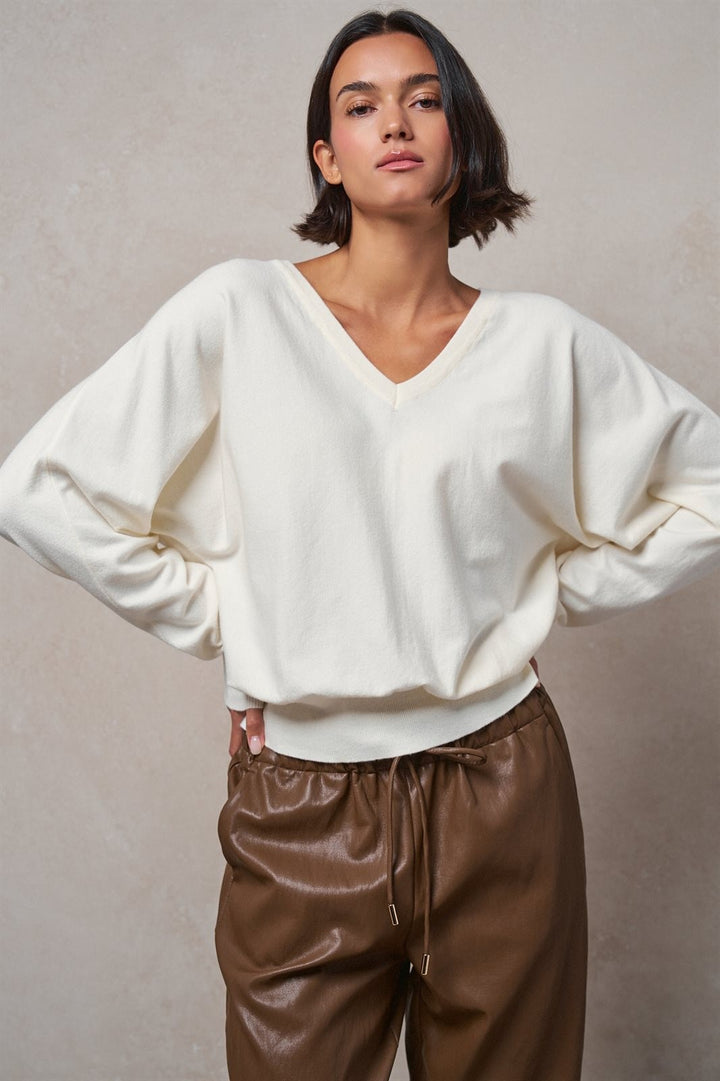 Viscose Blend V-Neck Drop Shoulder Sweater in Ivory - Women's Wholesale Sweaters | Trend Notes