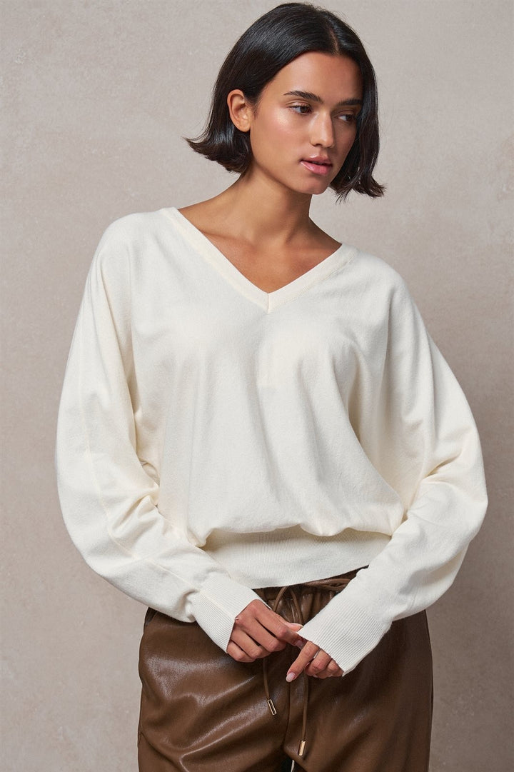 Viscose Blend V-Neck Drop Shoulder Sweater in Ivory - Women's Wholesale Sweaters | Trend Notes