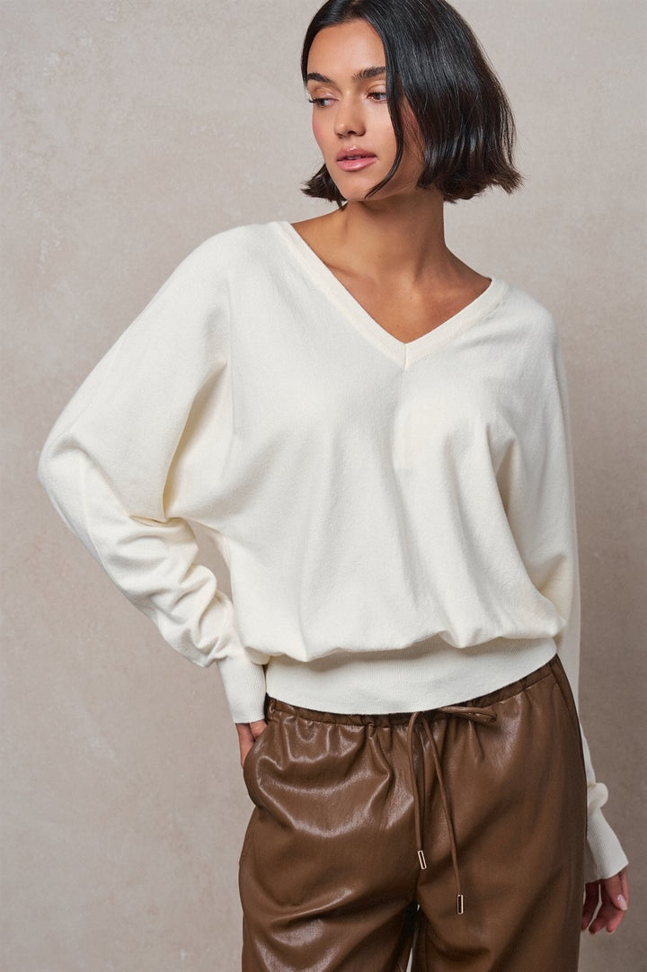 Viscose Blend V-Neck Drop Shoulder Sweater in Ivory - Women's Wholesale Sweaters | Trend Notes