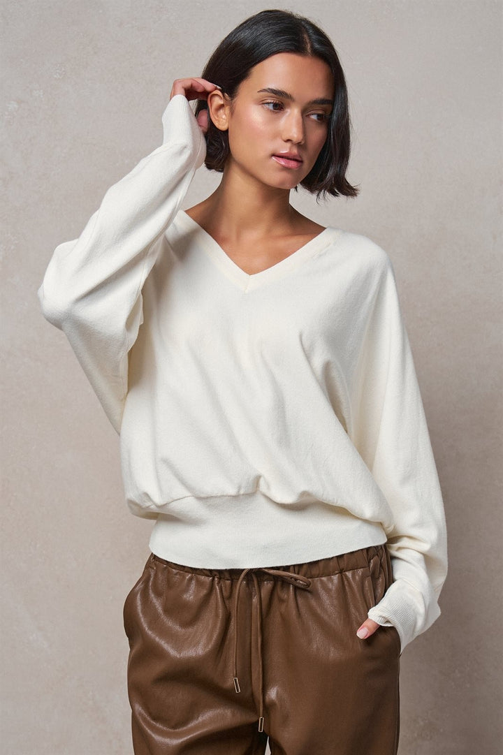Viscose Blend V-Neck Drop Shoulder Sweater in Ivory - Women's Wholesale Sweaters | Trend Notes