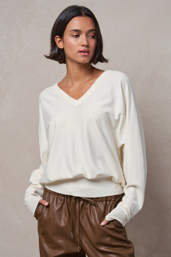 Viscose Blend V-Neck Drop Shoulder Sweater in Ivory - Women's Wholesale Sweaters | Trend Notes