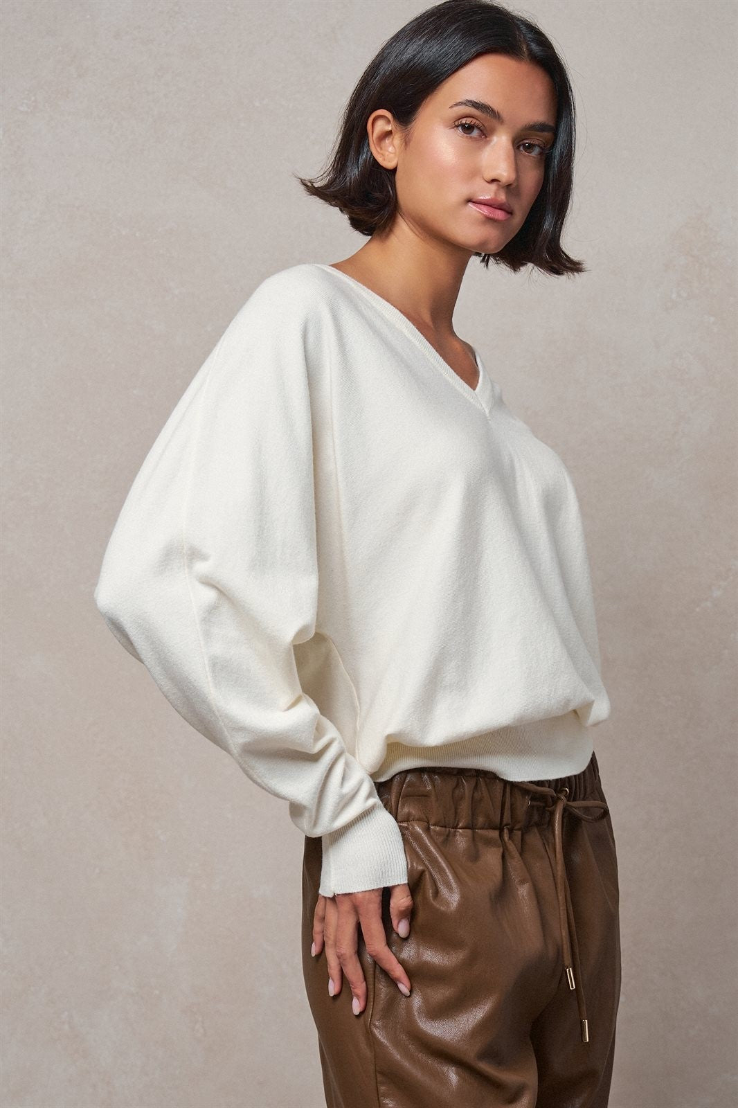 Viscose Blend V-Neck Drop Shoulder Sweater in Ivory - Women's Wholesale Sweaters | Trend Notes