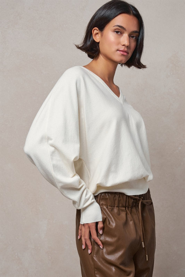 Viscose Blend V-Neck Drop Shoulder Sweater in Ivory - Women's Wholesale Sweaters | Trend Notes