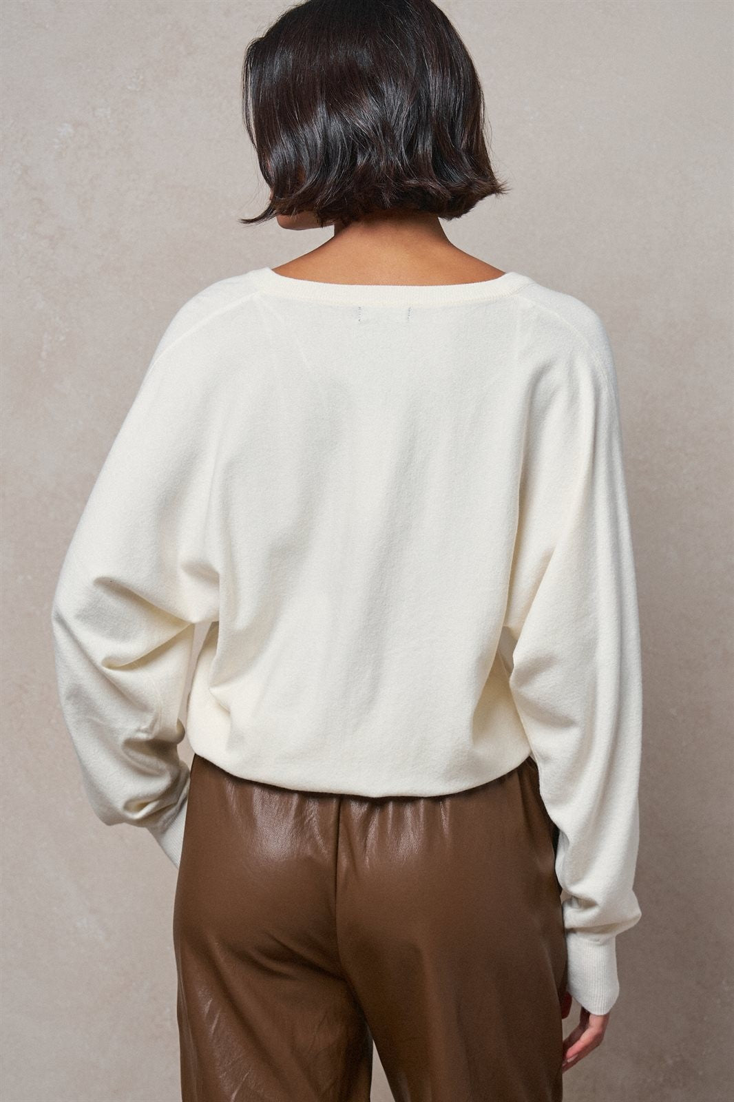 Viscose Blend V-Neck Drop Shoulder Sweater in Ivory - Women's Wholesale Sweaters | Trend Notes