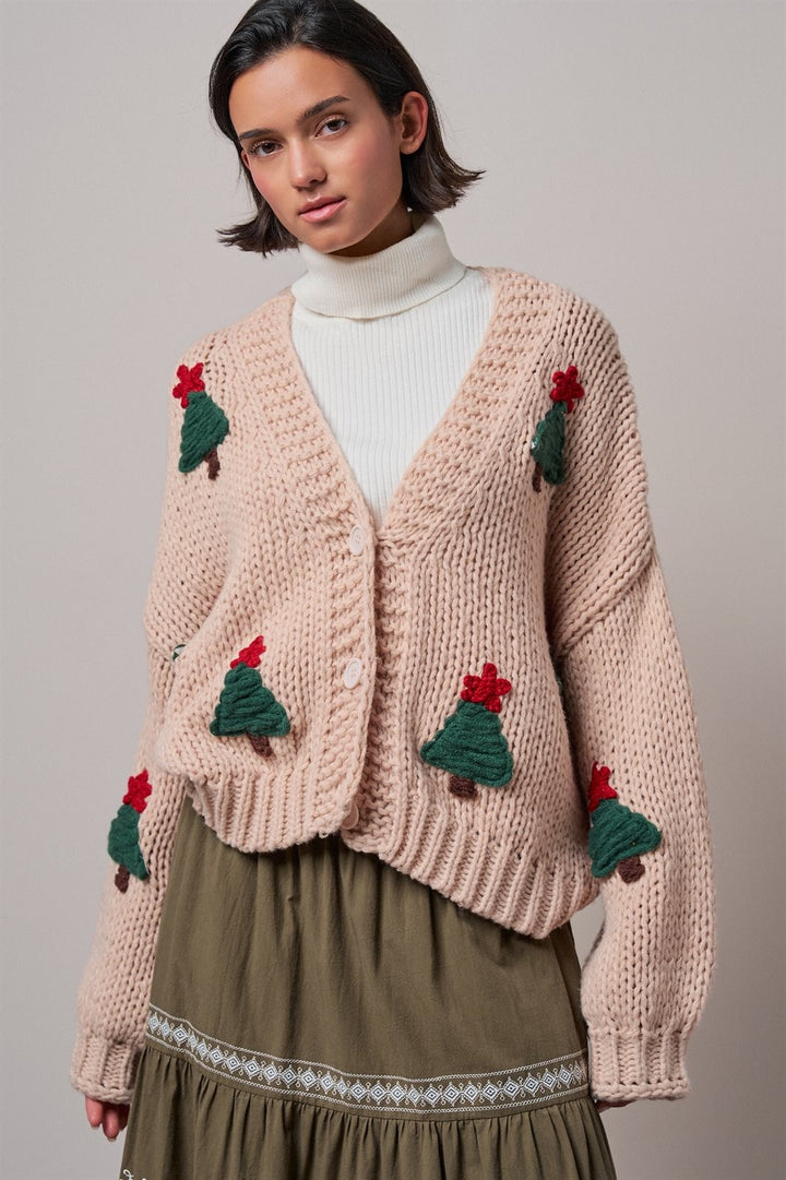Christmas Tree Appliqué Chunky Knit Cardigan in Taupe	 - Women's Wholesale Cardigans & Shrugs | Trend Notes