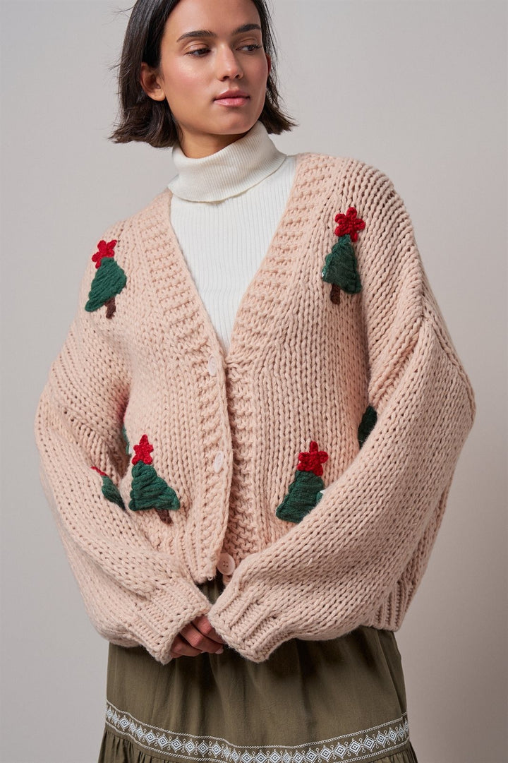 Christmas Tree Appliqué Chunky Knit Cardigan in Taupe	 - Women's Wholesale Cardigans & Shrugs | Trend Notes