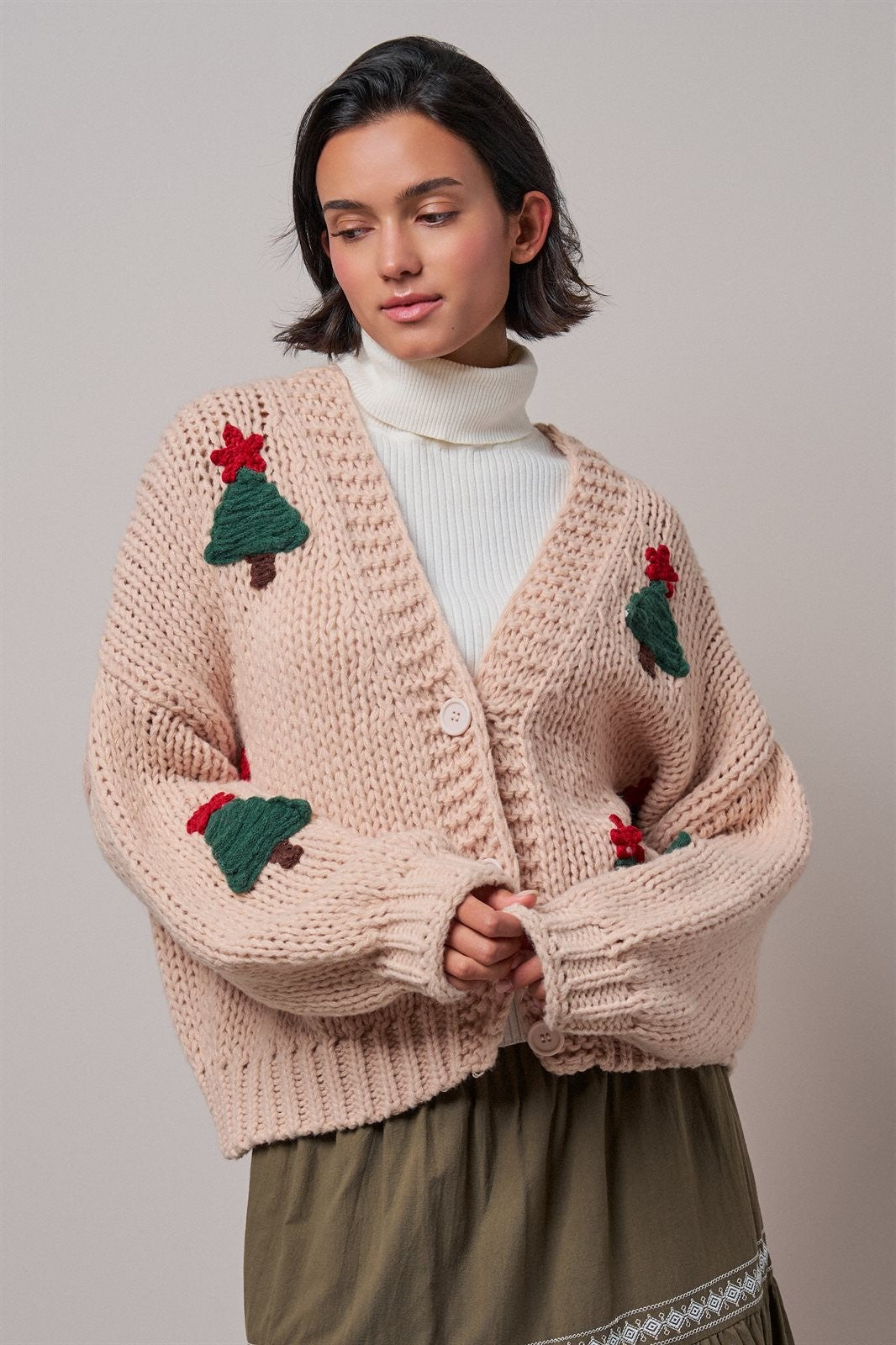 Christmas Tree Appliqué Chunky Knit Cardigan in Taupe	 - Women's Wholesale Cardigans & Shrugs | Trend Notes
