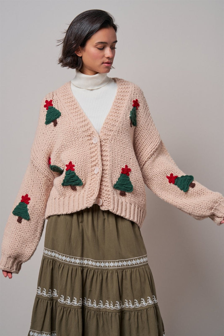 Christmas Tree Appliqué Chunky Knit Cardigan in Taupe	 - Women's Wholesale Cardigans & Shrugs | Trend Notes