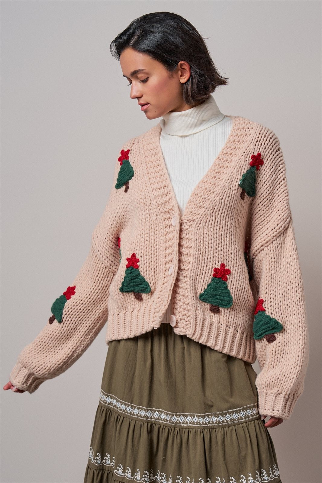 Christmas Tree Appliqué Chunky Knit Cardigan in Taupe	 - Women's Wholesale Cardigans & Shrugs | Trend Notes