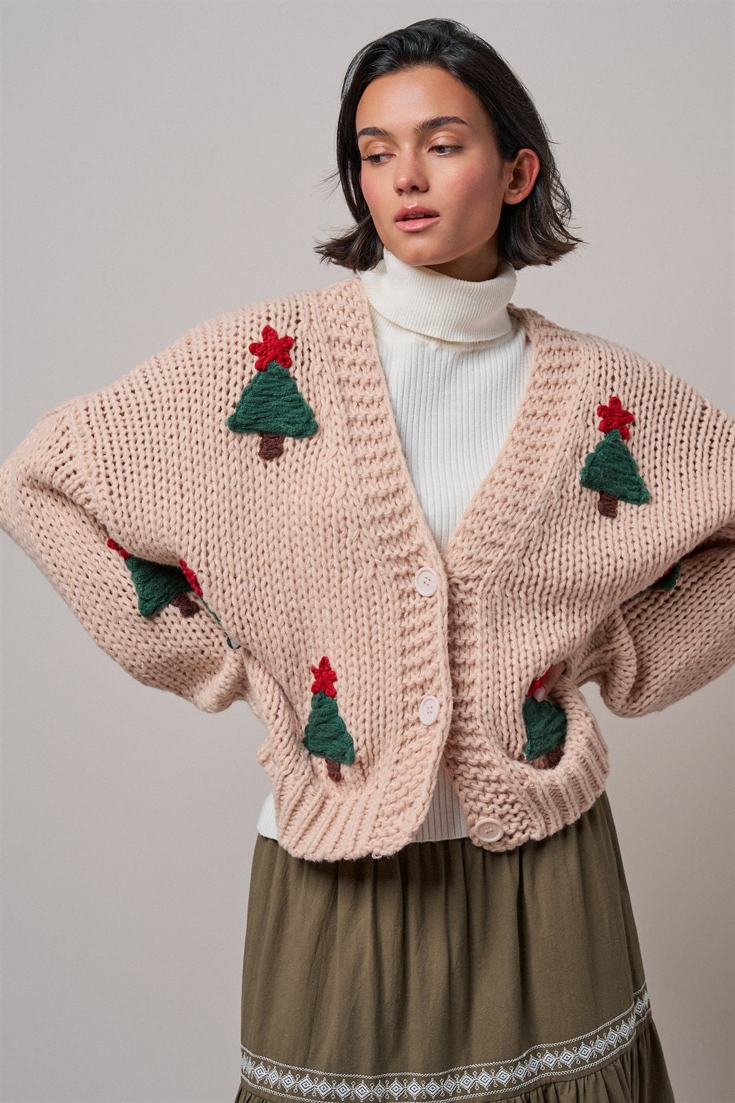 Christmas Tree Appliqué Chunky Knit Cardigan in Taupe	 - Women's Wholesale Cardigans & Shrugs | Trend Notes
