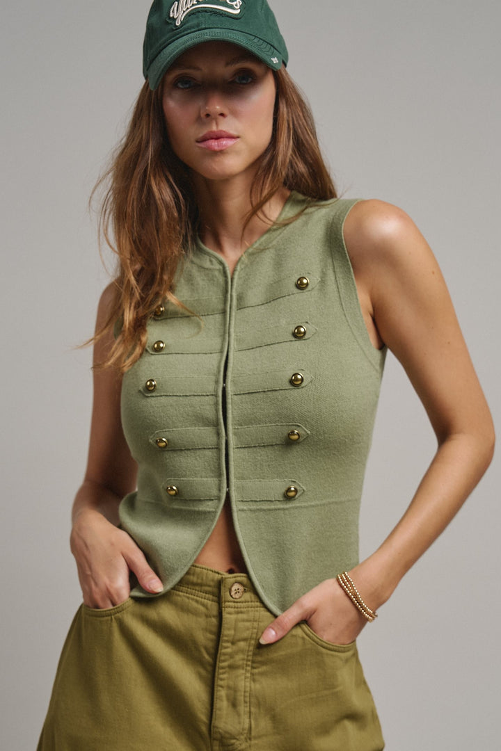 Cadet Charm Napoleon Knit Vest in Olive - Women's Wholesale Sweater Vests | Trend Notes