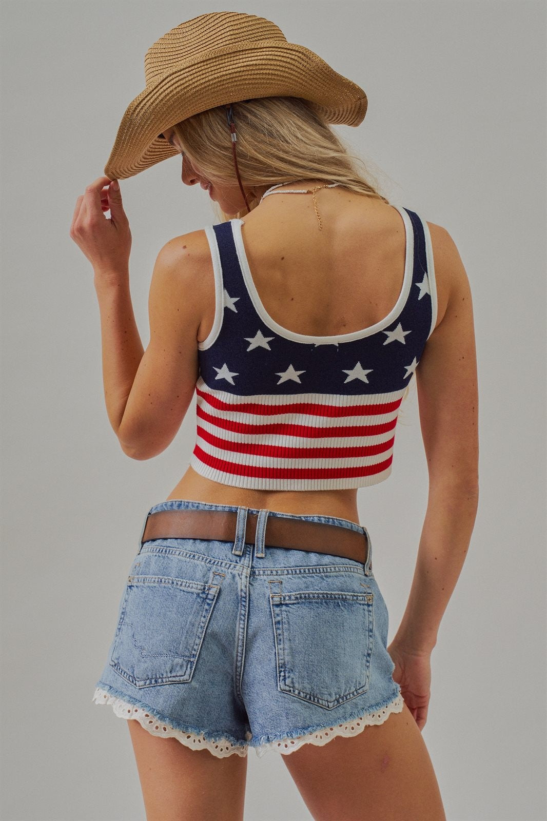 Patriotic Stars & Stripes USA American Flag Crop Tank Top in Navy - Women's Wholesale Fashion | Trend Notes