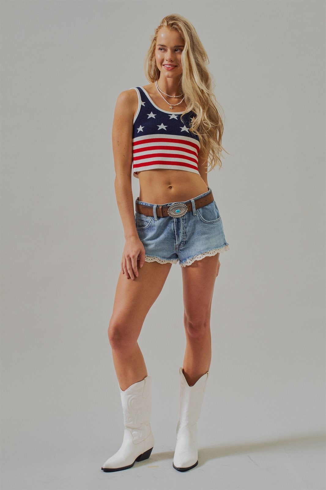 Patriotic Stars & Stripes USA American Flag Crop Tank Top in Navy - Women's Wholesale Fashion | Trend Notes
