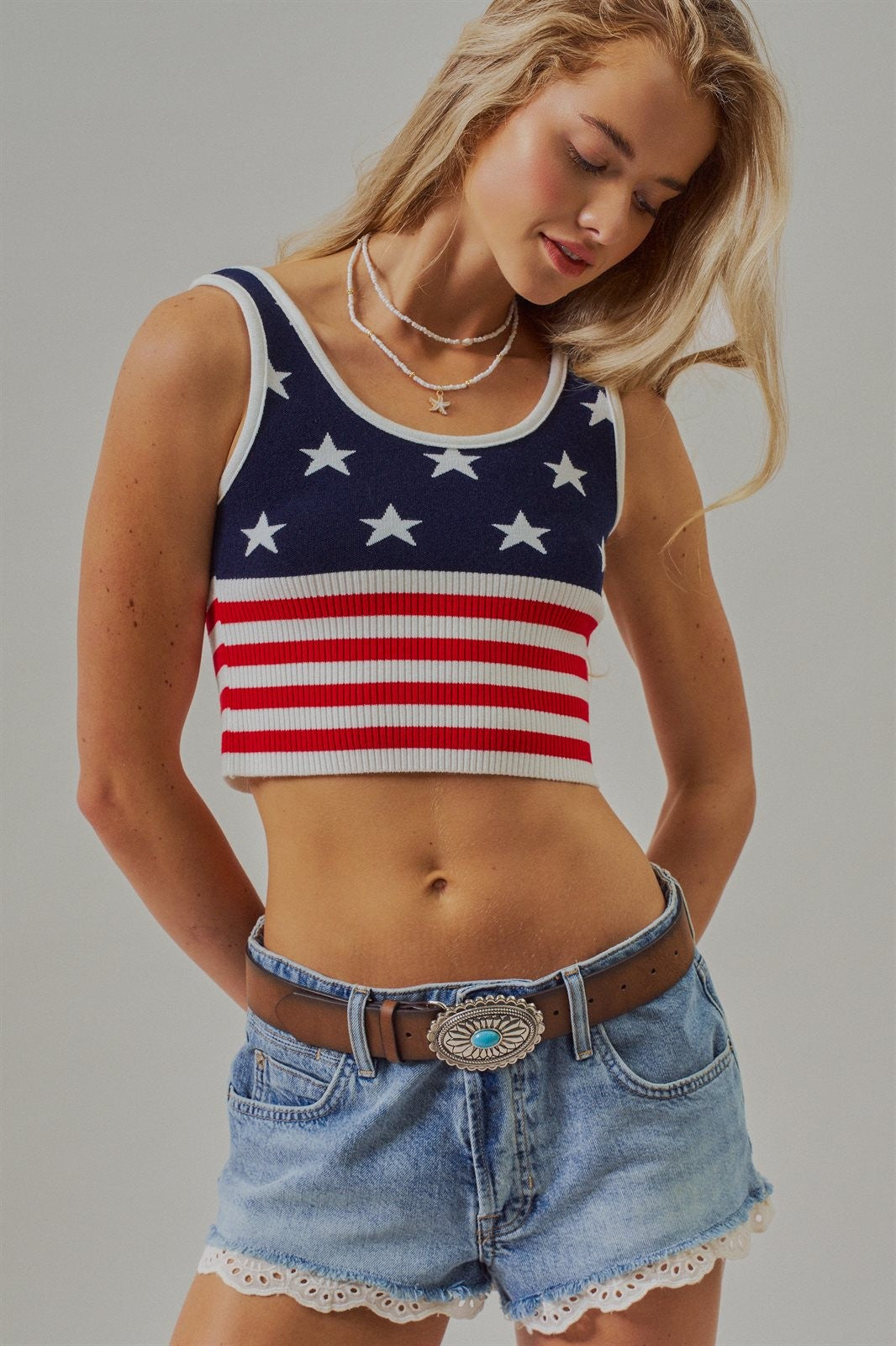 Patriotic Stars & Stripes USA American Flag Crop Tank Top in Navy - Women's Wholesale Fashion | Trend Notes