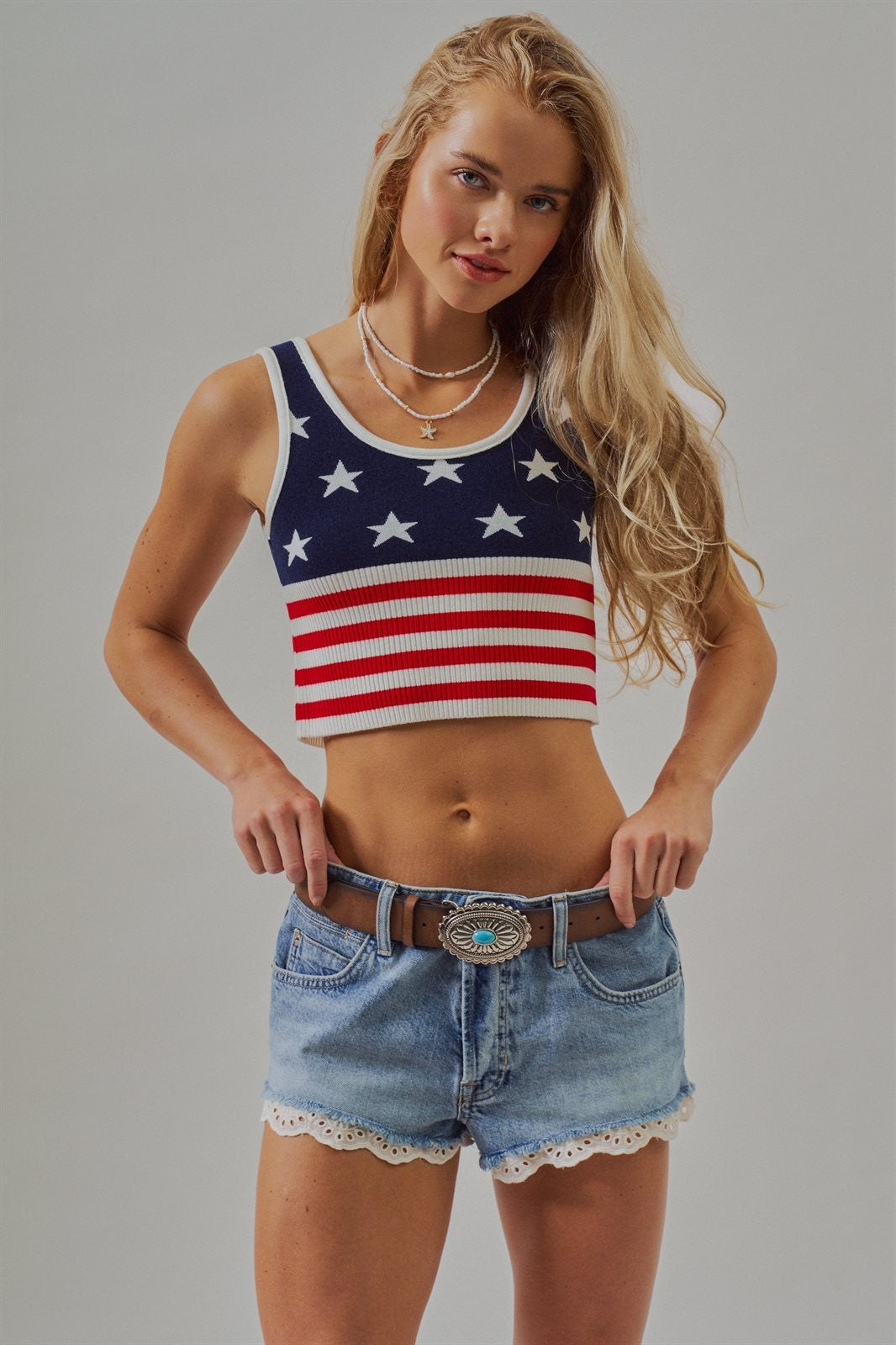 Patriotic Stars & Stripes USA American Flag Crop Tank Top in Navy - Women's Wholesale Fashion | Trend Notes