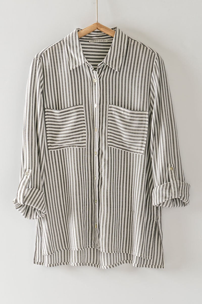 City Stripe Button-Down in Black - Women's Wholesale Tops | Trend Notes