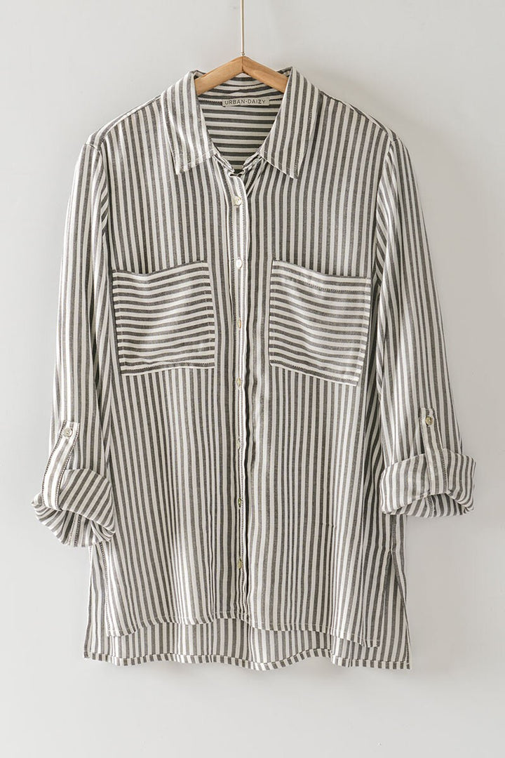 City Stripe Button-Down in Black - Women's Wholesale Tops | Trend Notes