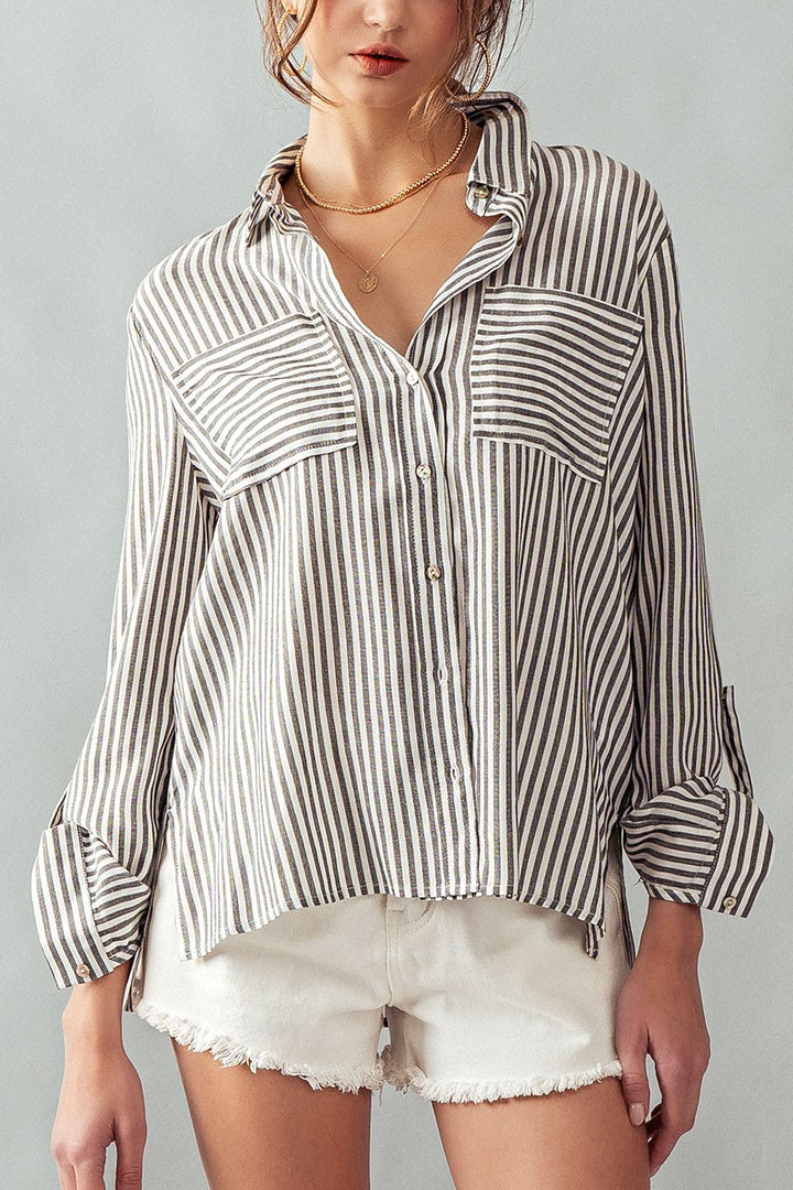 City Stripe Button-Down in Black - Women's Wholesale Tops | Trend Notes