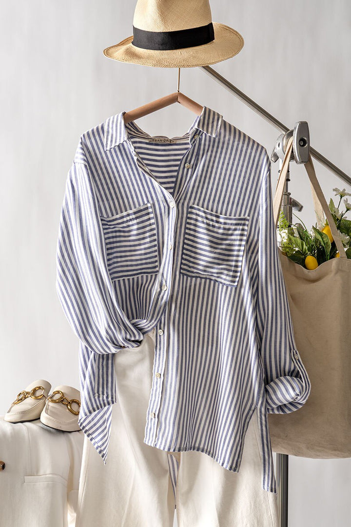 City Stripe Button-Down in Blue - Women's Wholesale Tops | Trend Notes