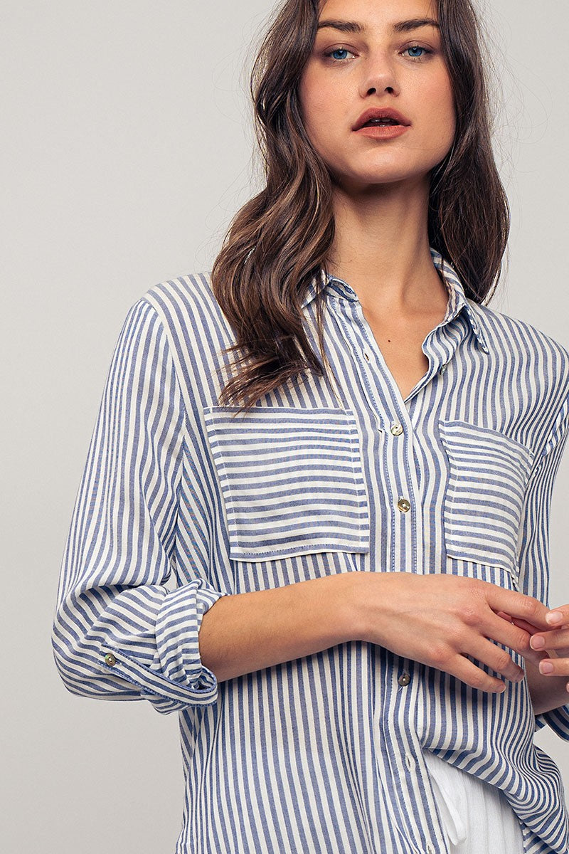 City Stripe Button-Down in Blue - Women's Wholesale Tops | Trend Notes