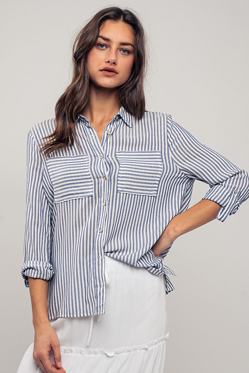 City Stripe Button-Down in Blue - Women's Wholesale Tops | Trend Notes