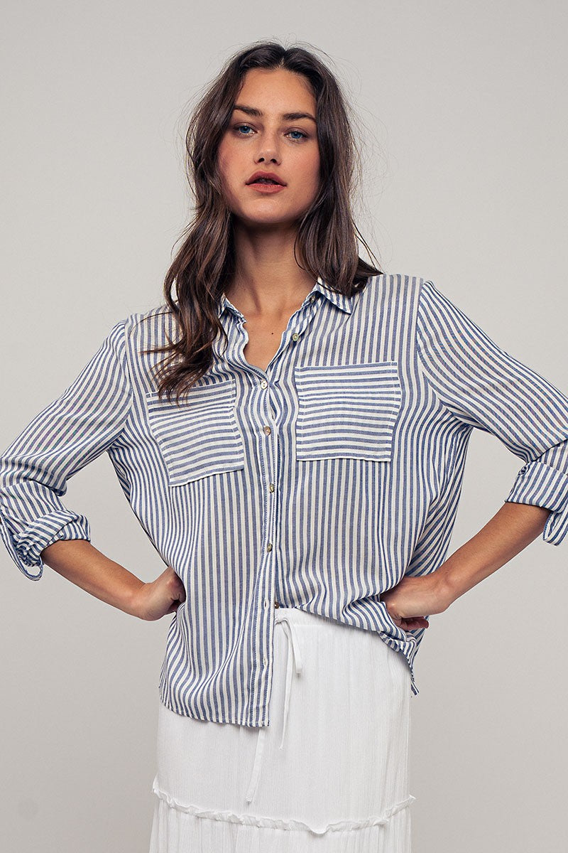 City Stripe Button-Down in Blue - Women's Wholesale Tops | Trend Notes
