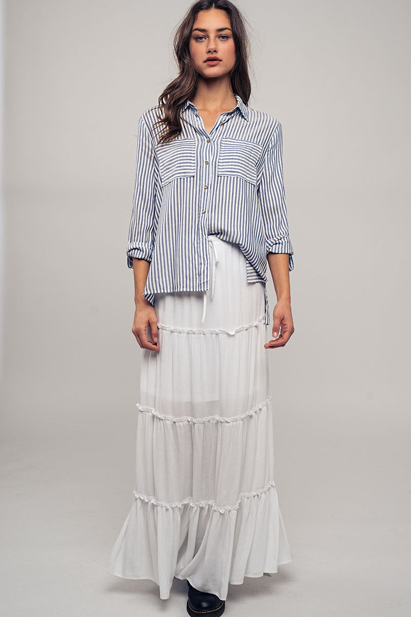 City Stripe Button-Down in Blue - Women's Wholesale Tops | Trend Notes