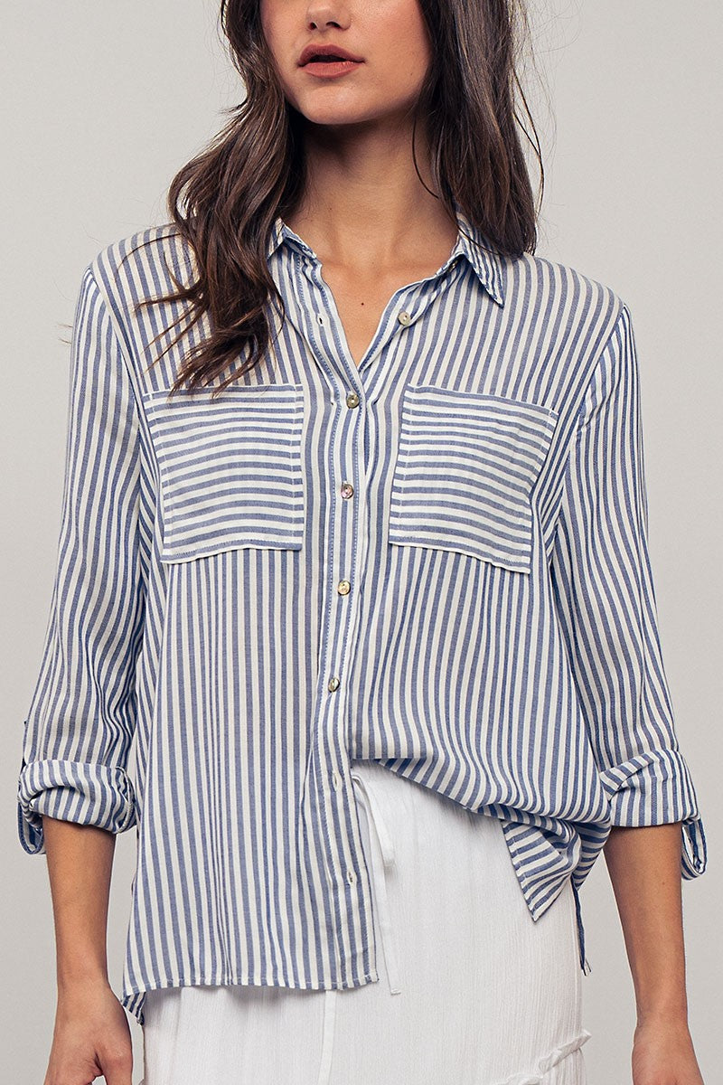 City Stripe Button-Down in Blue - Women's Wholesale Tops | Trend Notes