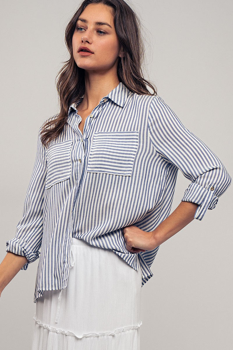 City Stripe Button-Down in Blue - Women's Wholesale Tops | Trend Notes