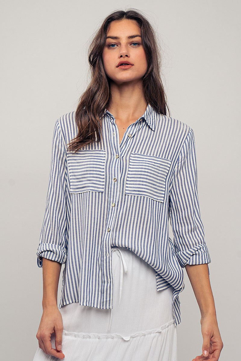 City Stripe Button-Down in Blue - Women's Wholesale Tops | Trend Notes