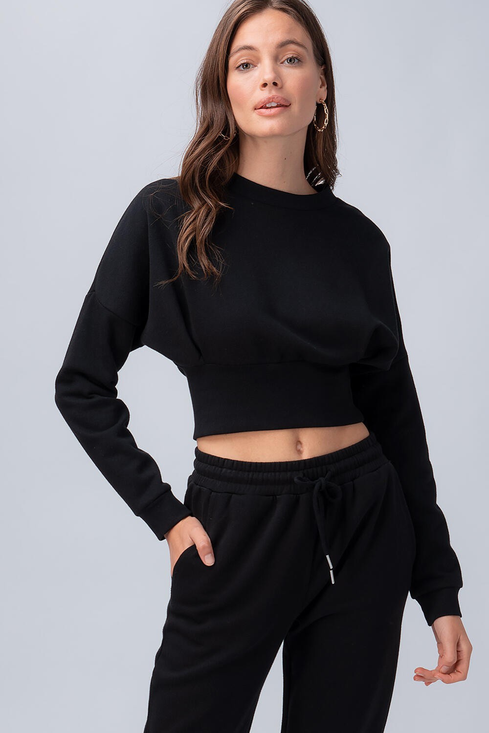 Cropped Ribbed Waist Lounge Tops in Black - Women's Wholesale Sweaters | Trend Notes