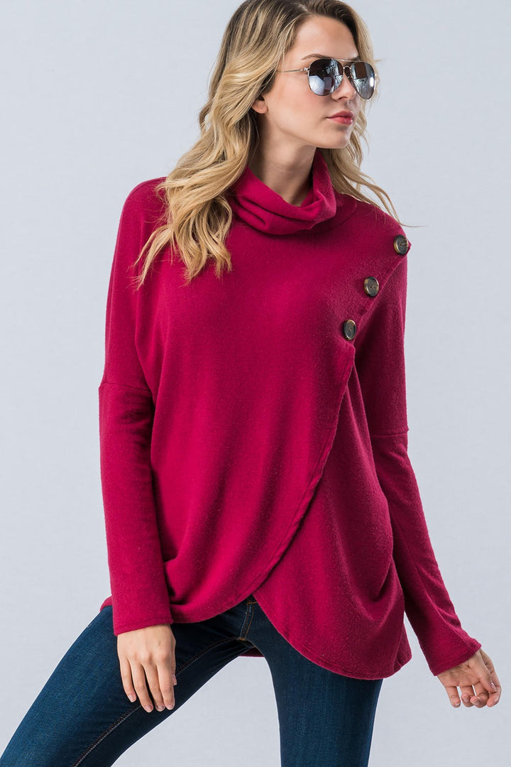 PLUS Cowl Neck Overwrap Front Button sweater  in Navy - Women's Wholesale Tunics | Trend Notes