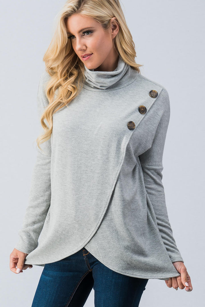 PLUS Cowl Neck Overwrap Front Button sweater  in Navy - Women's Wholesale Tunics | Trend Notes