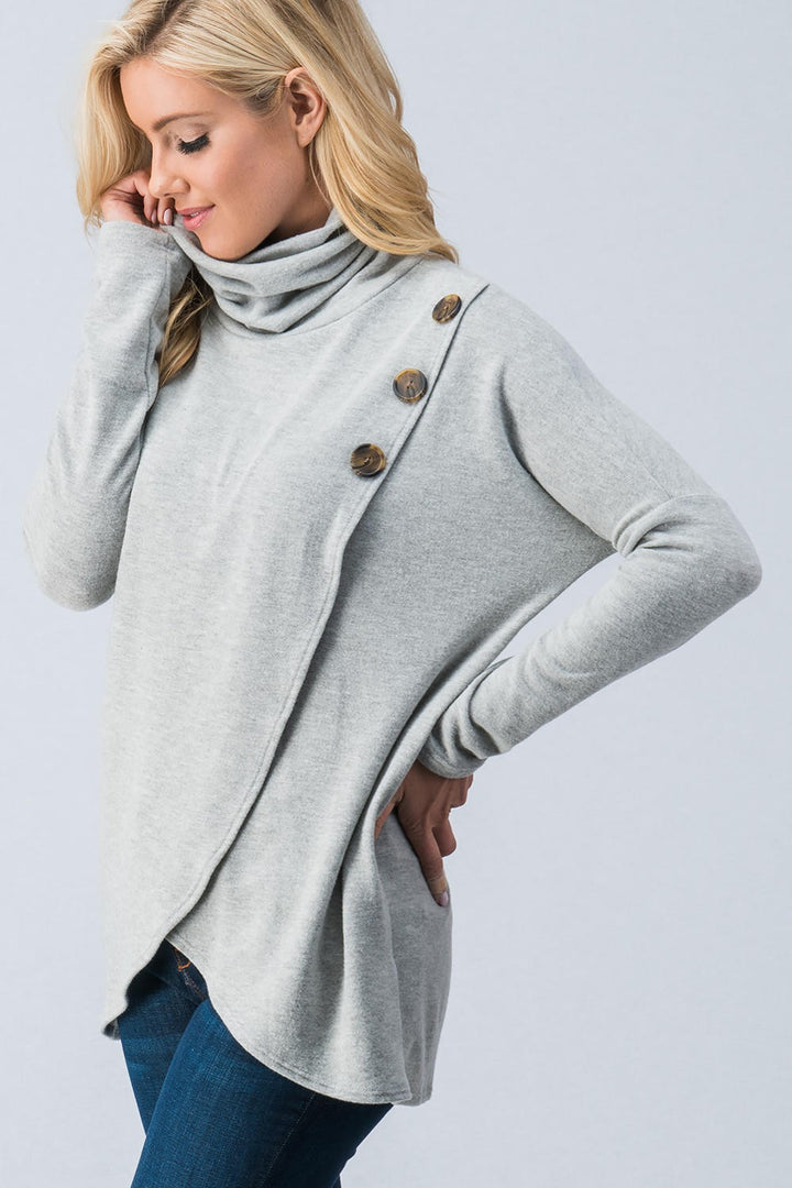 PLUS Cowl Neck Overwrap Front Button sweater  in Navy - Women's Wholesale Tunics | Trend Notes