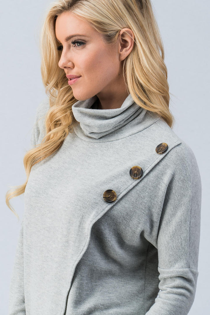 PLUS Cowl Neck Overwrap Front Button sweater  in Navy - Women's Wholesale Tunics | Trend Notes
