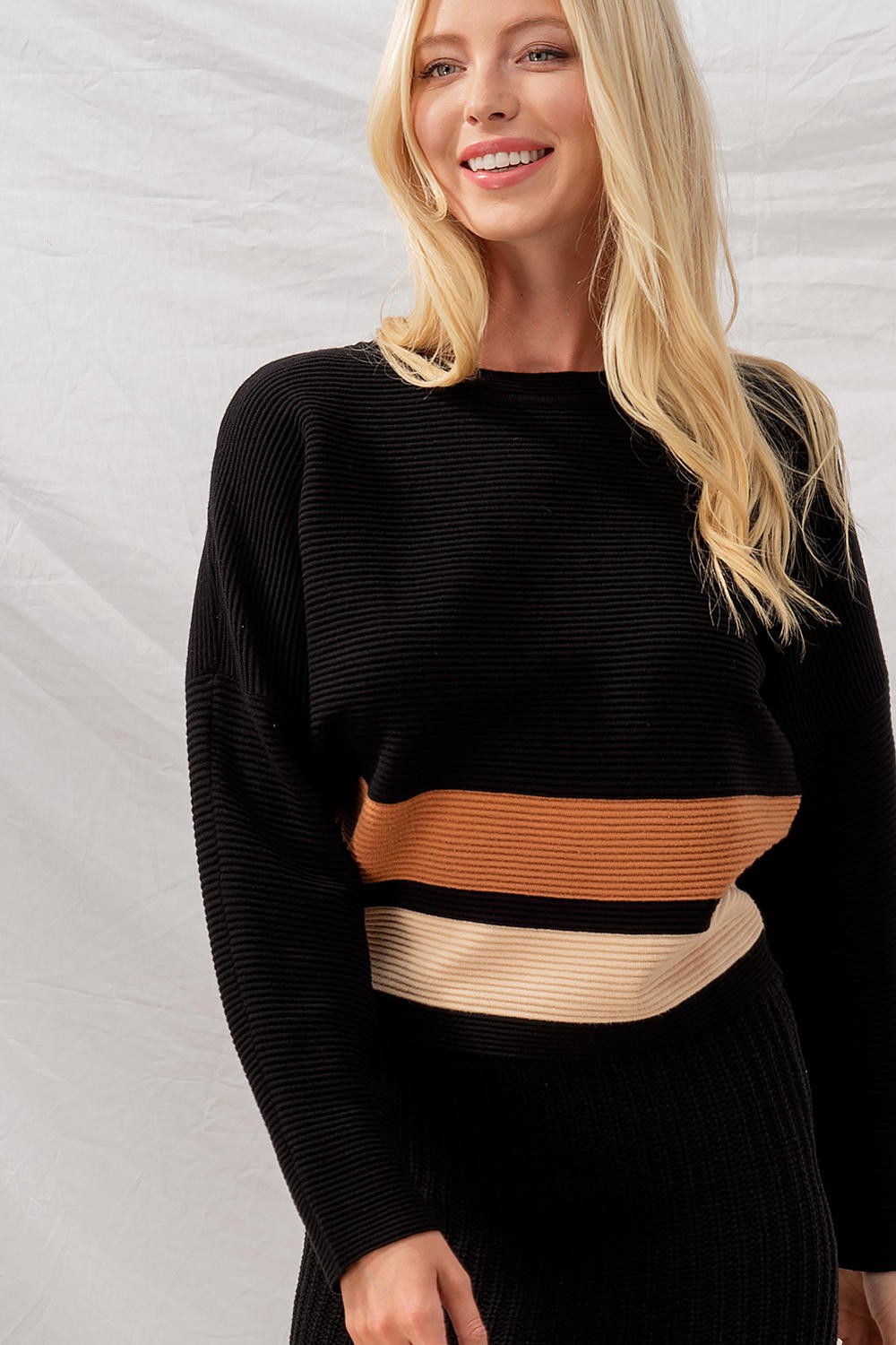 Colorblock Boho Sweater Top with Stripe Detail in Black - Women's Wholesale T-Shirts & Polos | Trend Notes