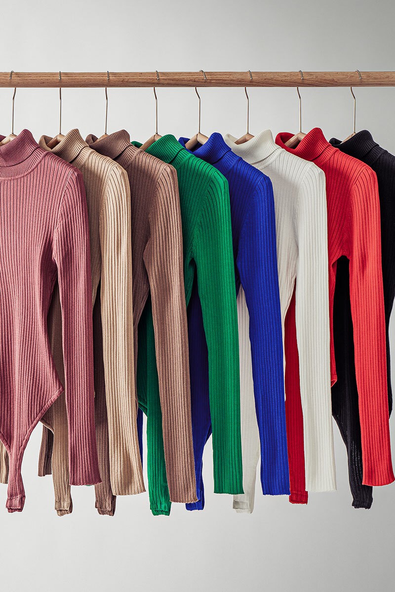RIB KNIT TURTLE NECK BODYSUIT in Kelly - Women's Wholesale Bodysuits | Trend Notes