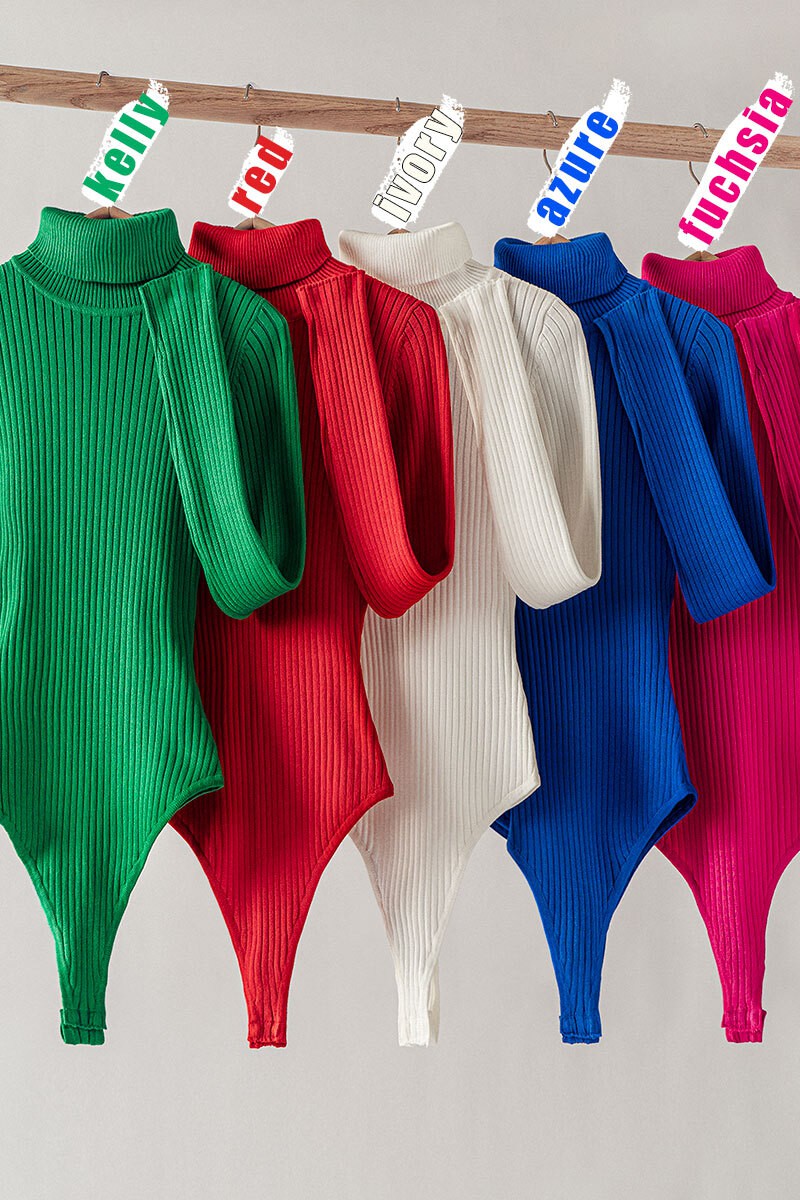 RIB KNIT TURTLE NECK BODYSUIT in Kelly - Women's Wholesale Bodysuits | Trend Notes