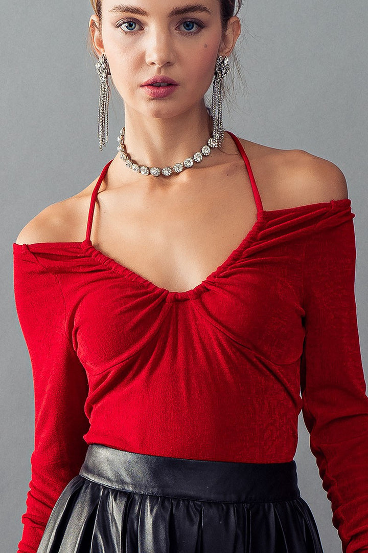 SCOOP NECK OPEN TIE BACK LONG SLEEVE TOP in Wine - Women's Wholesale Bodysuits | Trend Notes