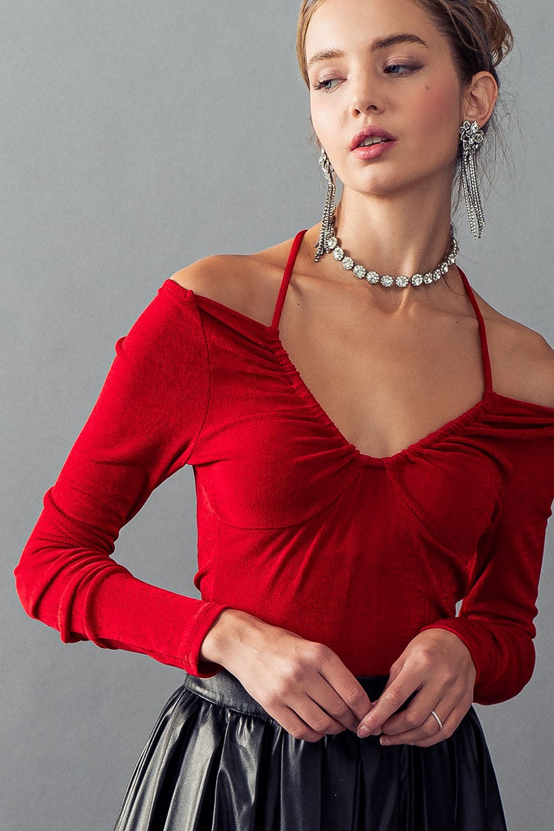 SCOOP NECK OPEN TIE BACK LONG SLEEVE TOP in Wine - Women's Wholesale Bodysuits | Trend Notes