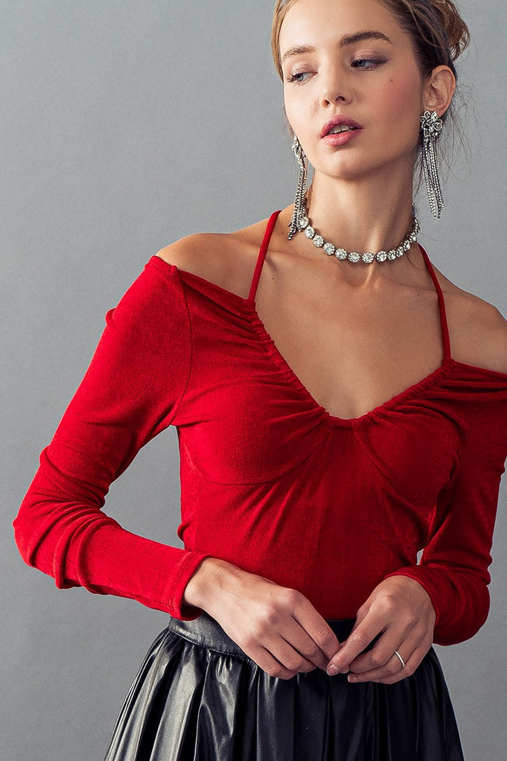 SCOOP NECK OPEN TIE BACK LONG SLEEVE TOP in Wine - Women's Wholesale Bodysuits | Trend Notes