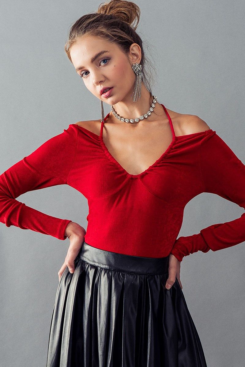 SCOOP NECK OPEN TIE BACK LONG SLEEVE TOP in Wine - Women's Wholesale Bodysuits | Trend Notes
