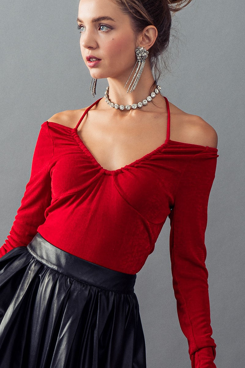 SCOOP NECK OPEN TIE BACK LONG SLEEVE TOP in Wine - Women's Wholesale Bodysuits | Trend Notes