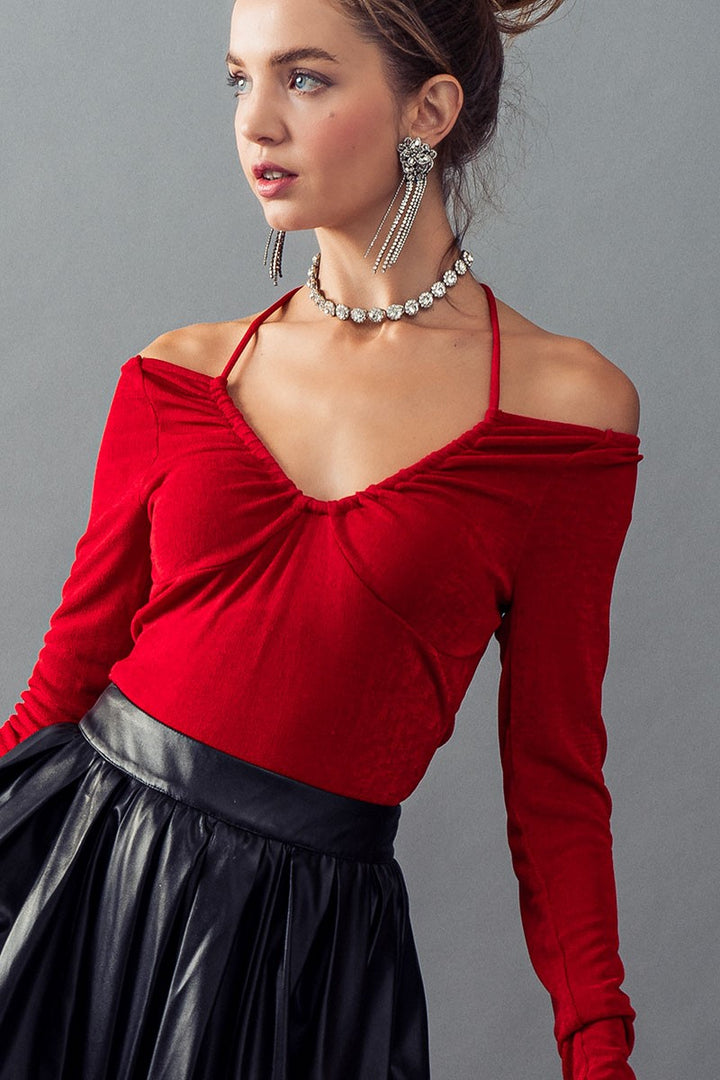 SCOOP NECK OPEN TIE BACK LONG SLEEVE TOP in Wine - Women's Wholesale Bodysuits | Trend Notes