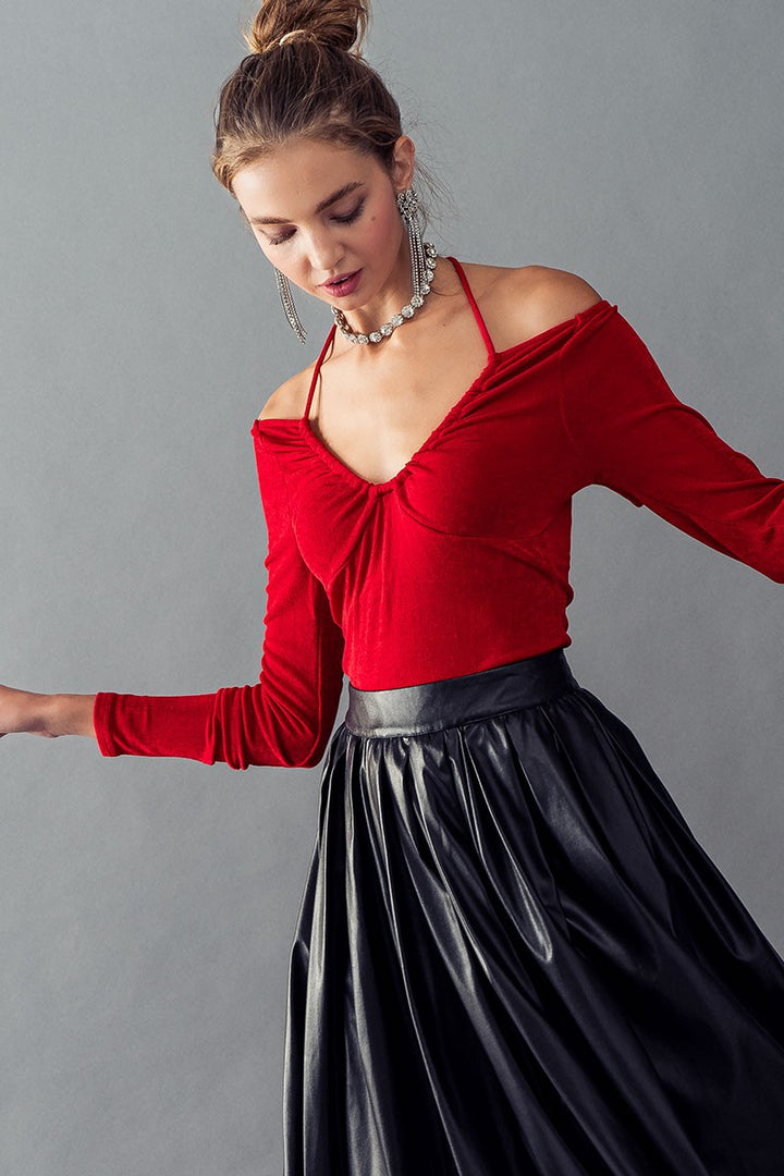 SCOOP NECK OPEN TIE BACK LONG SLEEVE TOP in Wine - Women's Wholesale Bodysuits | Trend Notes