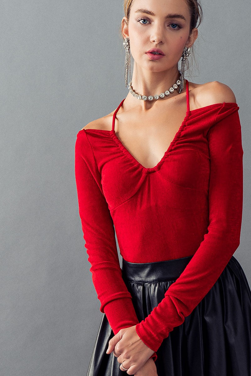 SCOOP NECK OPEN TIE BACK LONG SLEEVE TOP in Wine - Women's Wholesale Bodysuits | Trend Notes