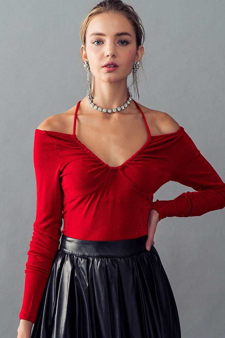 SCOOP NECK OPEN TIE BACK LONG SLEEVE TOP in Wine - Women's Wholesale Bodysuits | Trend Notes