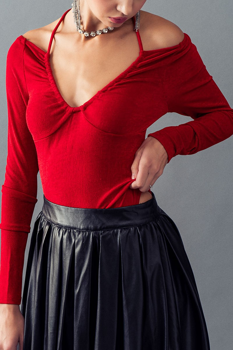 SCOOP NECK OPEN TIE BACK LONG SLEEVE TOP in Wine - Women's Wholesale Bodysuits | Trend Notes